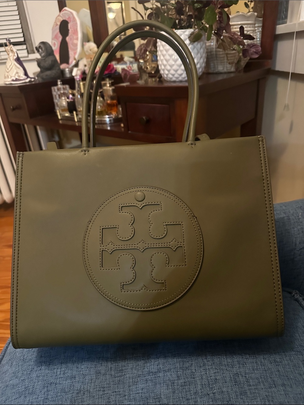 Tory Burch Olive Green Ella Bio Tote with Signature Logo- Vegan